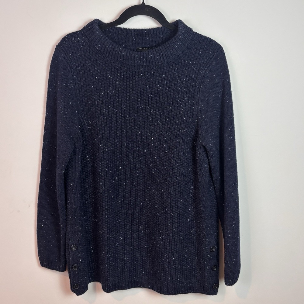 Talbots Women's Cotton Blend Blue Heathered Chunky Knit Pullover Sweater Large